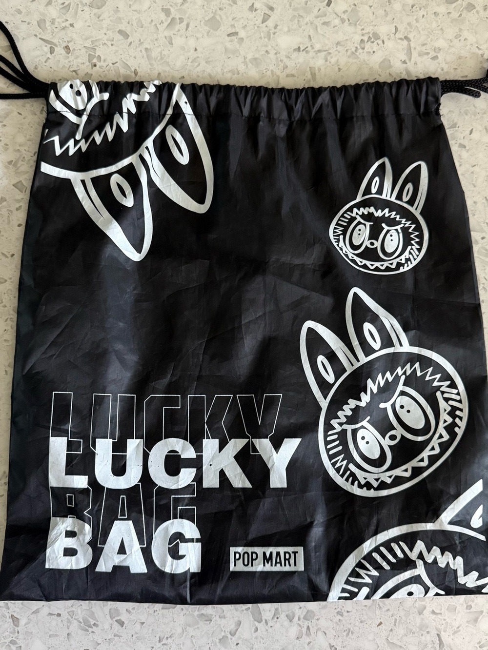Labubu Pop Mart Lucky Bag Drawstring Pouch - Black & White